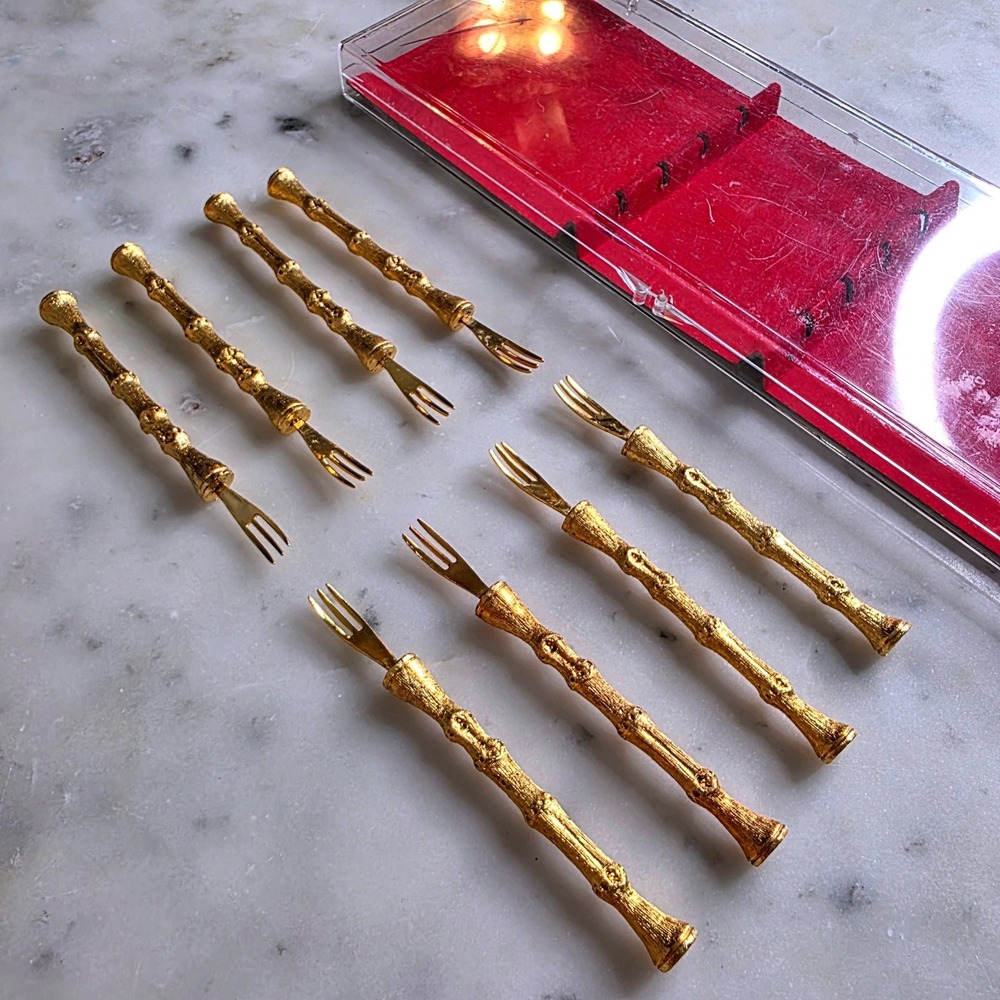 Vtg Gold Bamboo Appetizer Oyster Forks 3.75 in Set 8 Red Box Hollywood Regency